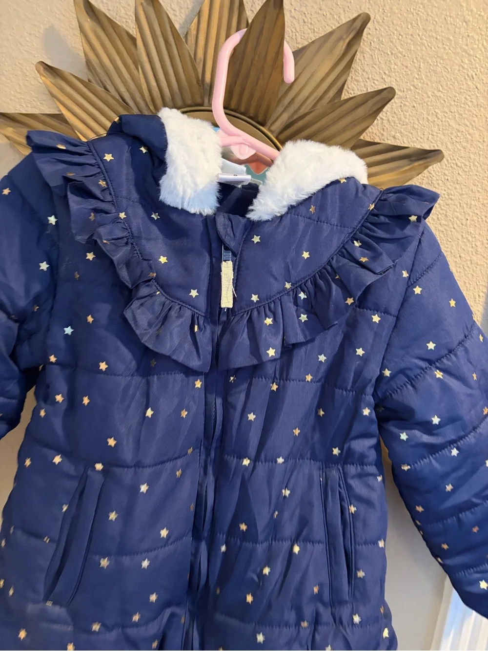 Carters Little Me Navy Gold Star White Faux Fur Ruffle Puffer Coat 24 Months